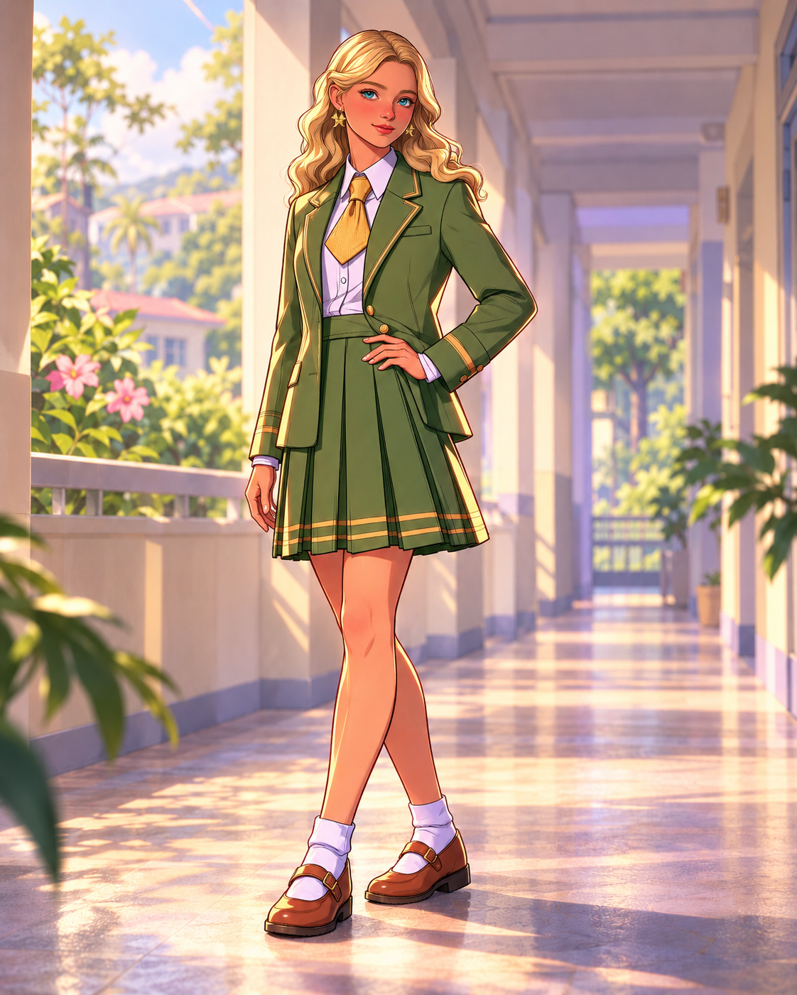 Molly with blonde waves and star earrings, wearing green-and-gold schoolwear in a school corridor.