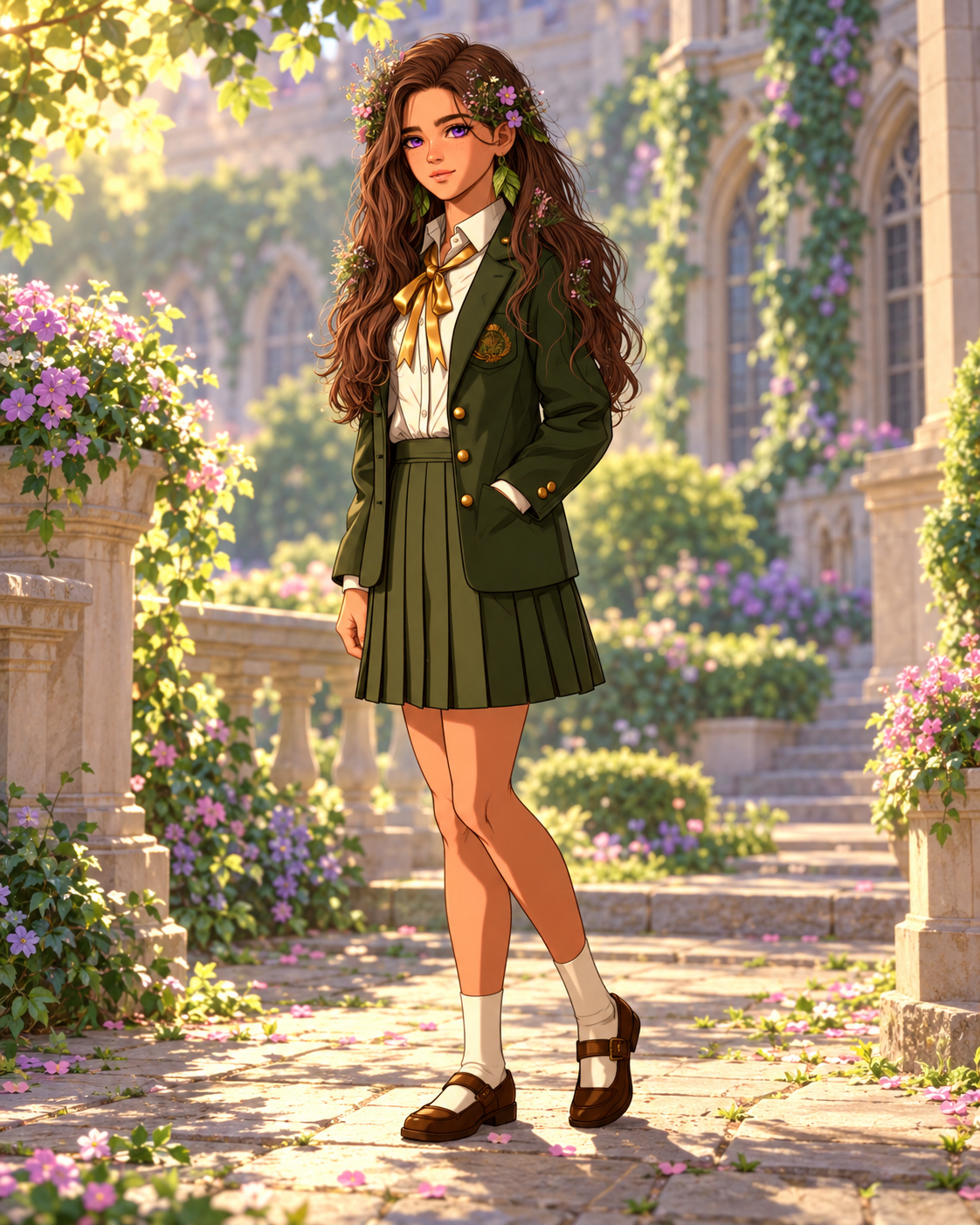 Petunia with flowers in her chestnut hair, a green uniform and brown Mary Janes in a garden courtyard.