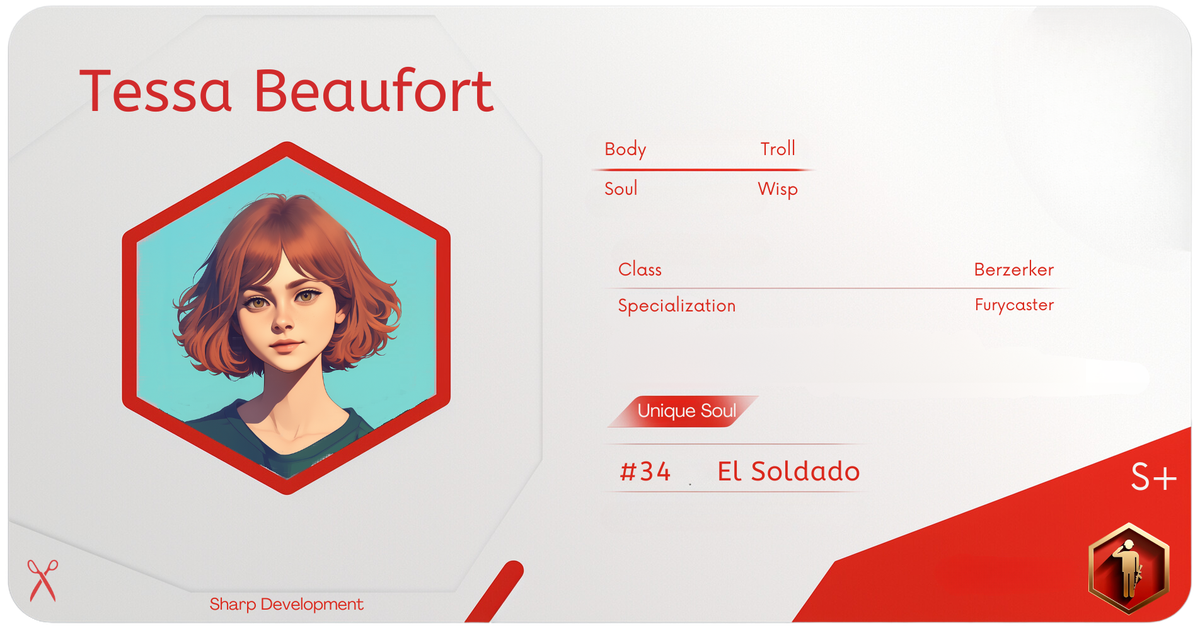 Reference ID card printed Tessa Beaufort. Sharp Development