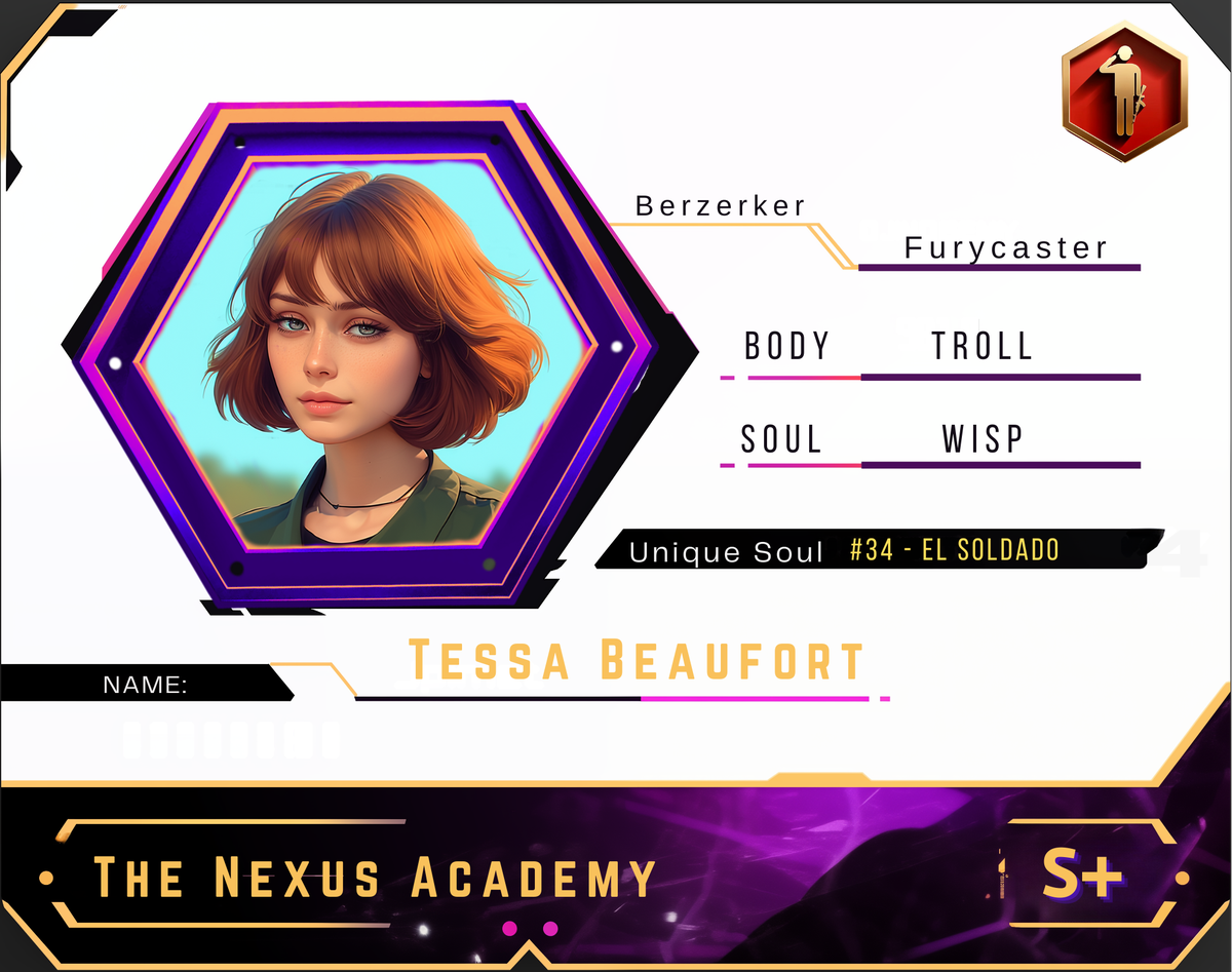 Reference ID card printed Tessa Beaufort. The Nexus Academy