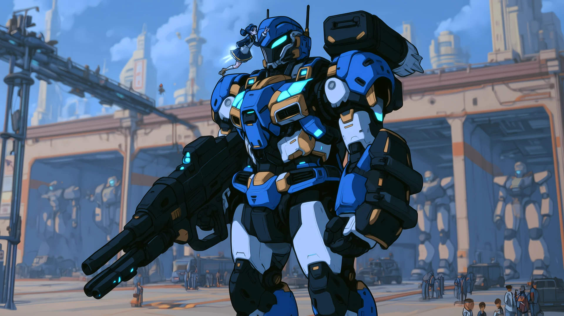 A blue and black humanoid battlemech in a sunlit futuristic city.