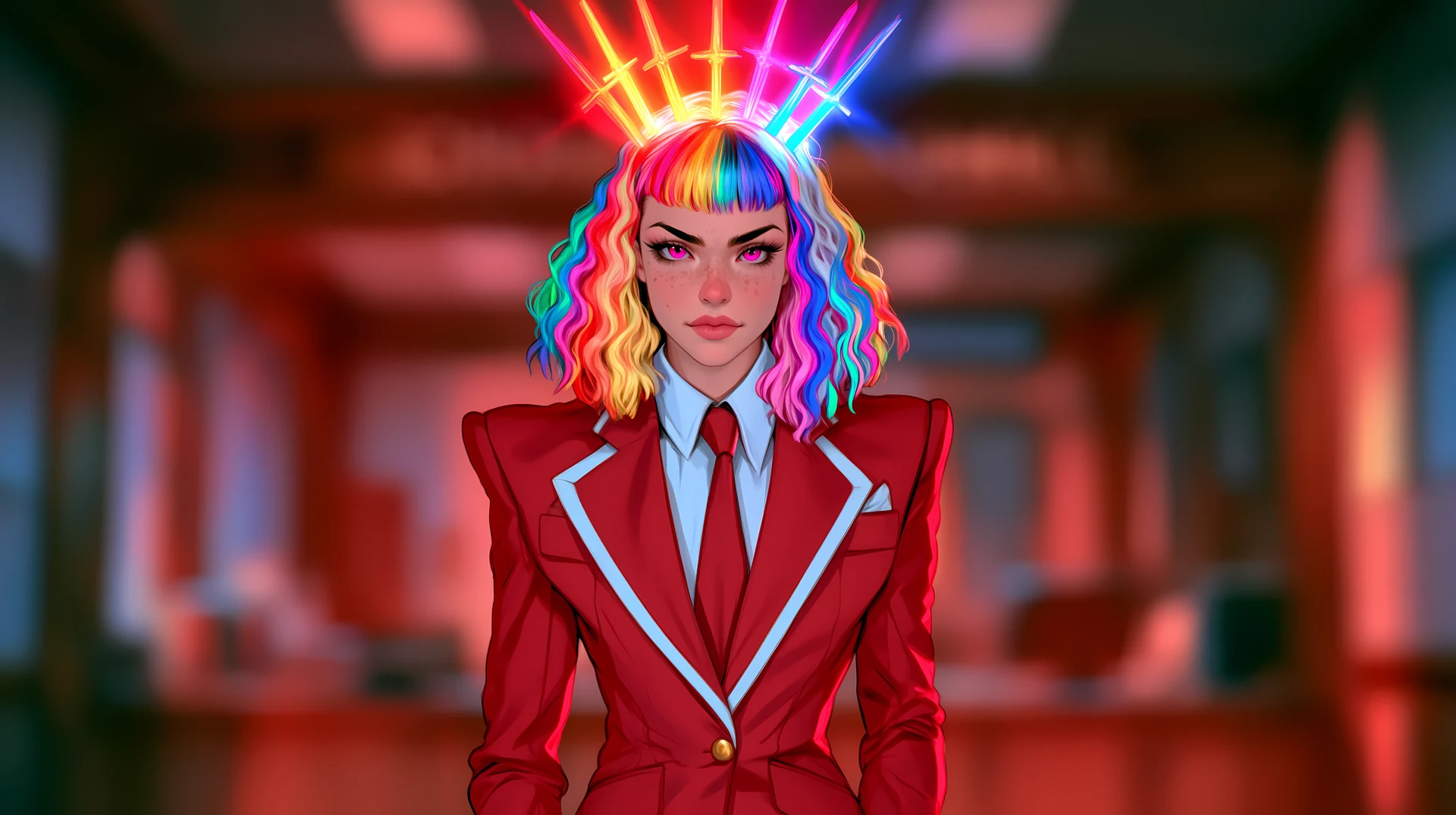 Bijou in a crimson suit, rainbow hair and bright crown-like rays, in a school corridor.