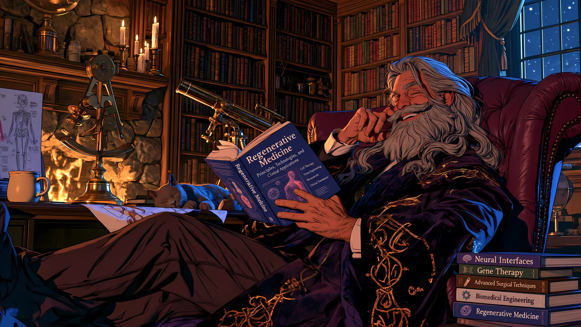 A long-haired, bearded man reads a book in an ornate library.